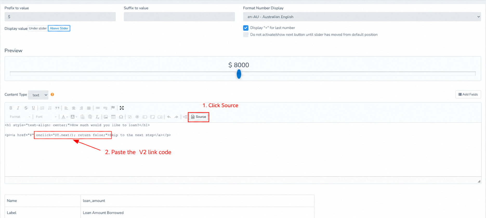 LeadsHook V2 node content editor with the Source button and DT.next skip-link code highlighted