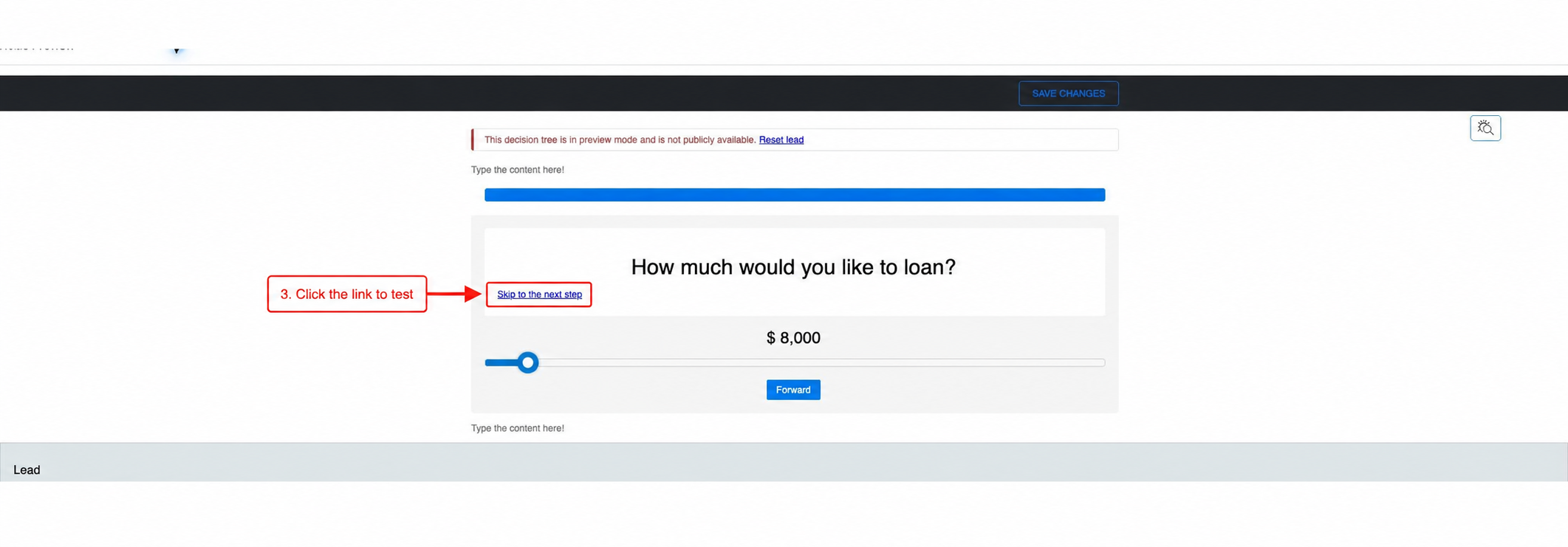 LeadsHook V2 Decision Tree preview with the skip-to-next text link highlighted for testing