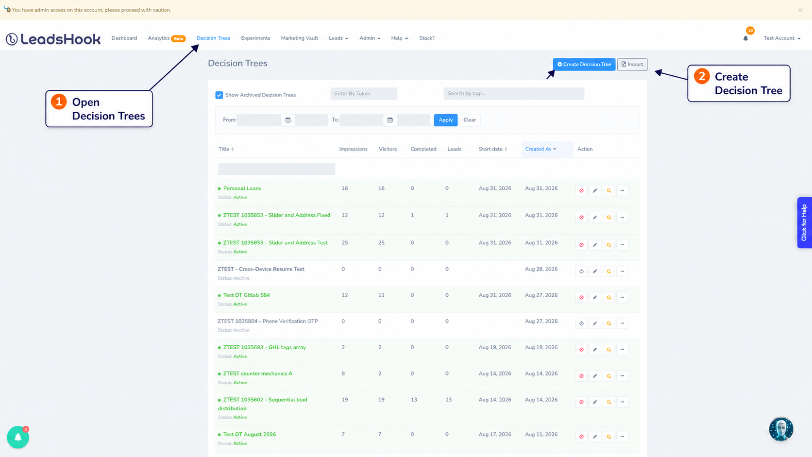 LeadsHook V2 Decision Trees page with the Decision Trees menu and Create Decision Tree button highlighted.