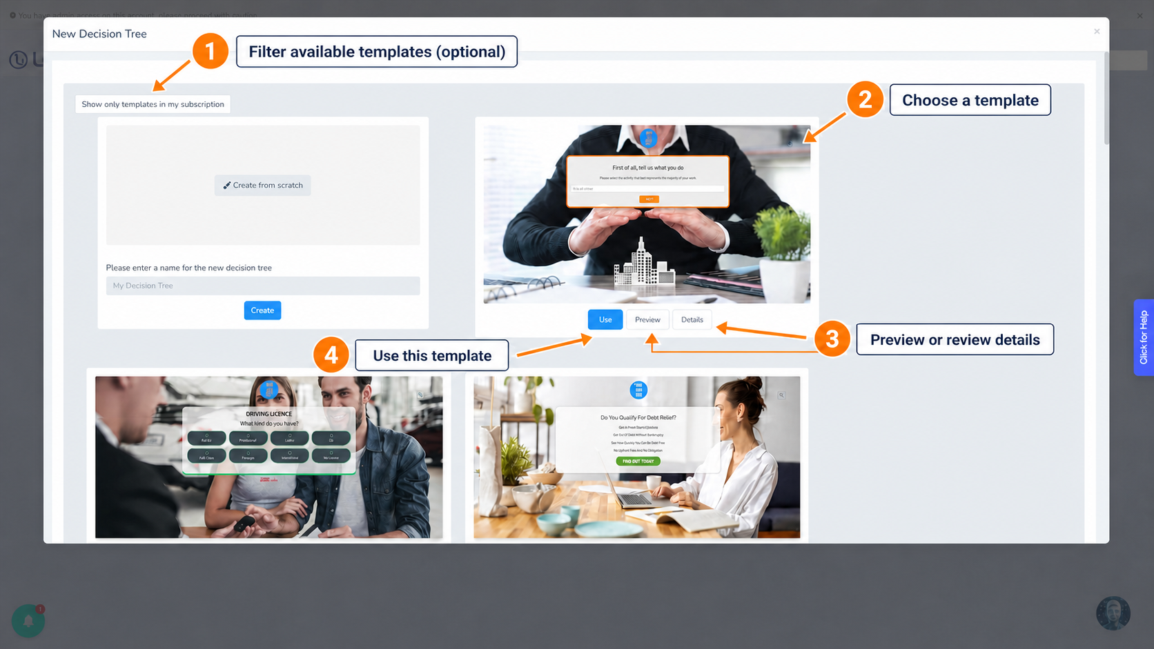 LeadsHook V2 New Decision Tree dialog with the subscription filter and template Use, Preview, and Details controls highlighted.